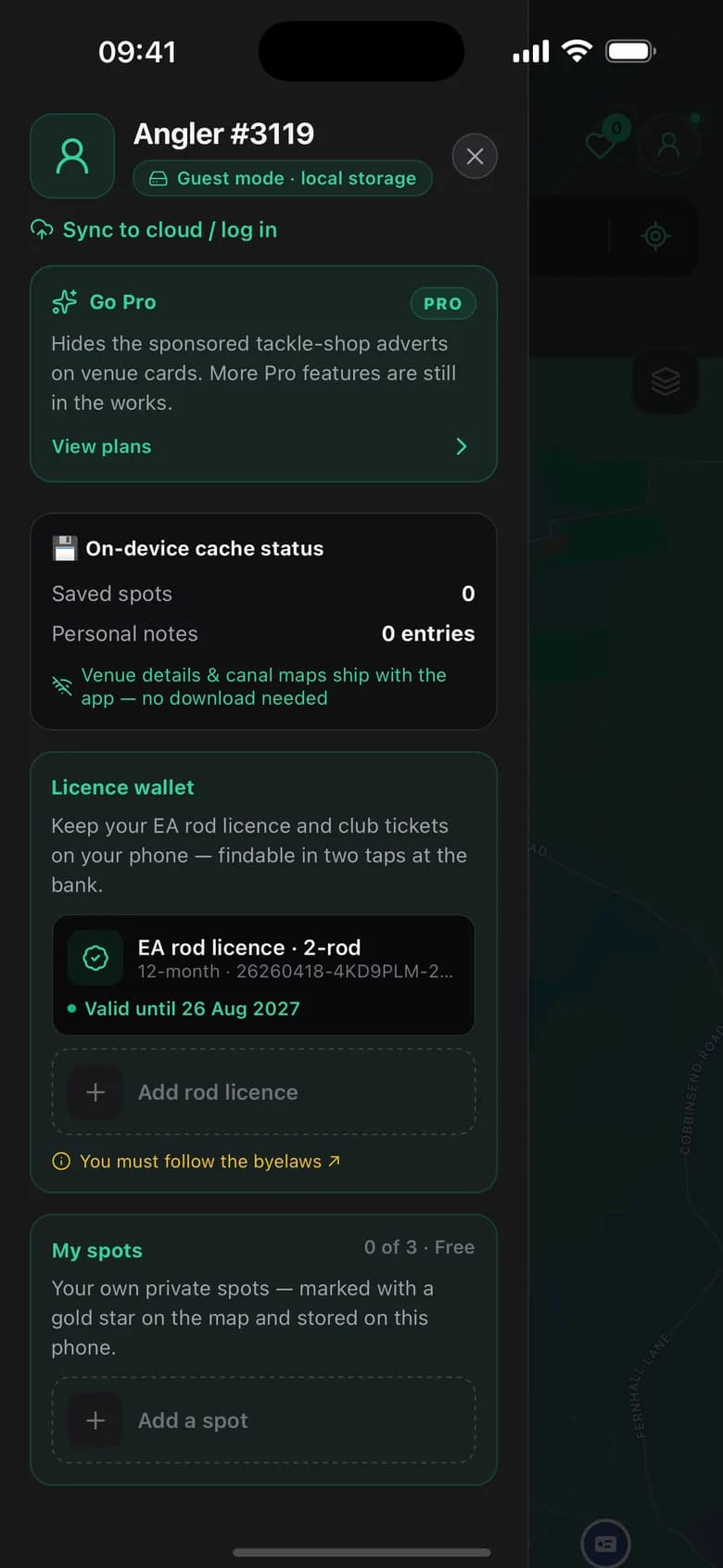 The app's guest profile drawer with a licence wallet holding a valid EA rod licence, and a My spots panel for your own private spots marked with a gold star.