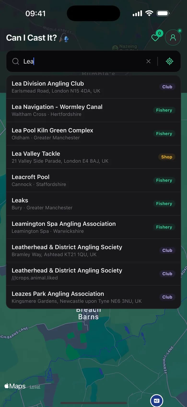The app searching for 'Lea': a single list mixing angling clubs, fisheries and a tackle shop, each row tagged Club, Fishery or Shop.